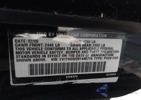 2006 Volvo S80 2.5T z USA, uszkodzony, nr VIN YV1TH592261446719